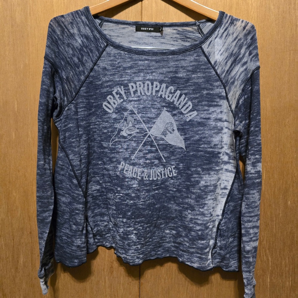 Obey Tops Long Sleeve Graphic Tee Women Size S Blue Burnout Peace & Justice